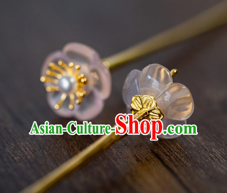 China Traditional Court Rose Quartz Hair Accessories Ming Dynasty Hanfu Plum Blossom Hair Clip Ancient Princess Hairpin