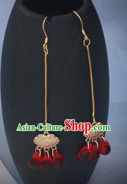 Handmade Chinese National Long Ear Accessories Traditional Golden Longevity Lock Earrings