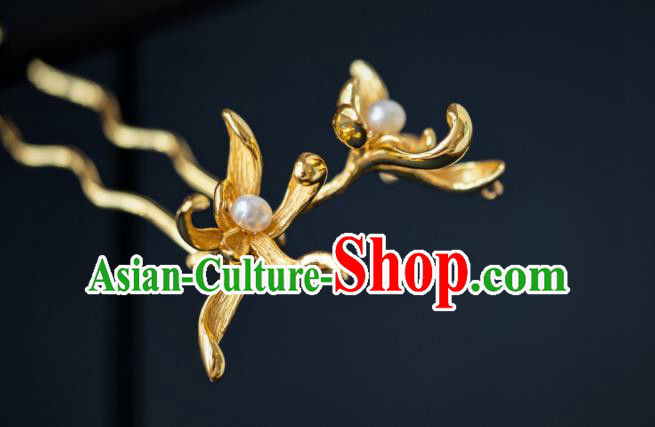 China Traditional Ming Dynasty Gilding Orchid Hairpin Hanfu Hair Accessories Ancient Court Hair Stick