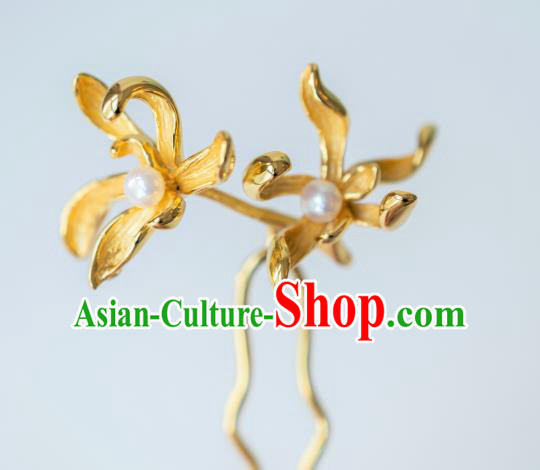 China Traditional Ming Dynasty Gilding Orchid Hairpin Hanfu Hair Accessories Ancient Court Hair Stick