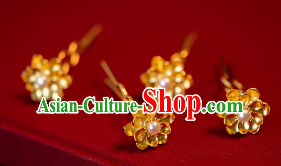 China Tang Dynasty Hanfu Little Hair Clips Ancient Princess Pearl Hairpin Traditional Gilding Lotus Hair Accessories