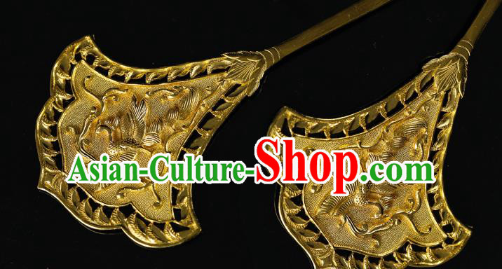 China Traditional Golden Carving Phoenix Hair Accessories Handmade Tang Dynasty Palace Hair Stick Ancient Empress Hairpin for Women