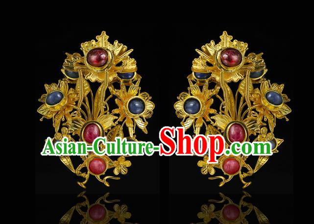 China Traditional Gems Hair Accessories Handmade Ming Dynasty Palace Hair Crown Ancient Queen Golden Hairpin for Women