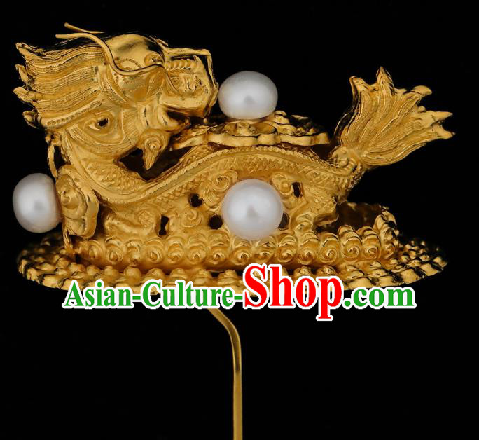 China Traditional Golden Dragon Hair Accessories Handmade Ming Dynasty Hair Stick Ancient Empress Pearls Hairpin for Women