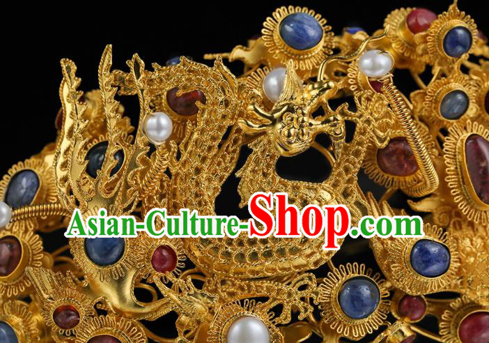 China Traditional Court Hair Accessories Handmade Ming Dynasty Gems Hair Crown Ancient Empress Golden Dragon Hairpin for Women