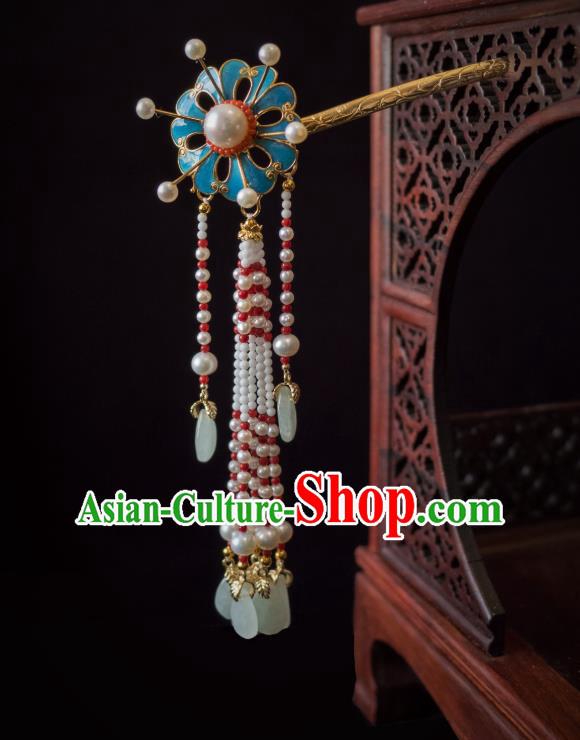 China Ming Dynasty Noble Woman Hair Accessories Traditional Hanfu Tassel Step Shake Ancient Enamel Hairpin