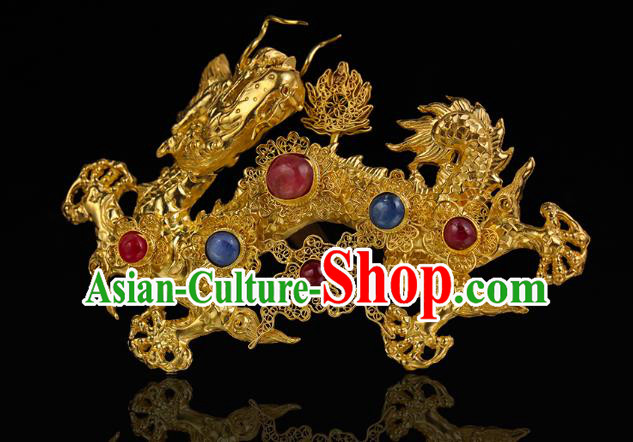 China Traditional Handmade Filigree Hair Accessories Ming Dynasty Golden Dragon Hair Crown Ancient Queen Gems Hairpin for Women