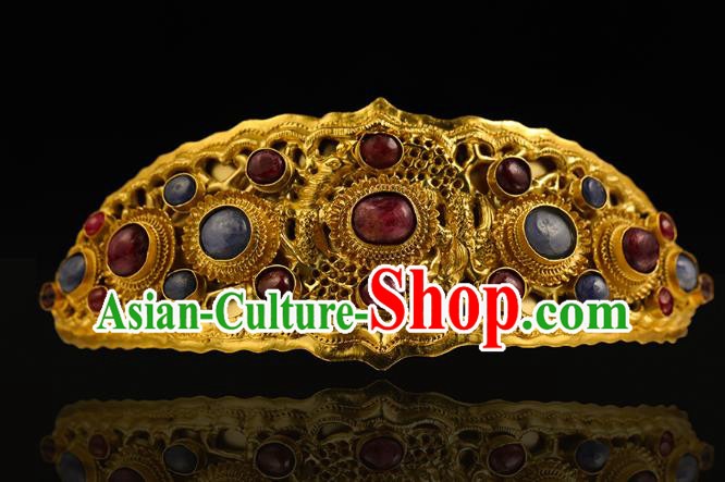 China Traditional Ming Dynasty Golden Gems Hair Crown Handmade Hair Accessories Ancient Empress Hairpin for Women