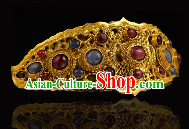 China Traditional Ming Dynasty Golden Gems Hair Crown Handmade Hair Accessories Ancient Empress Hairpin for Women