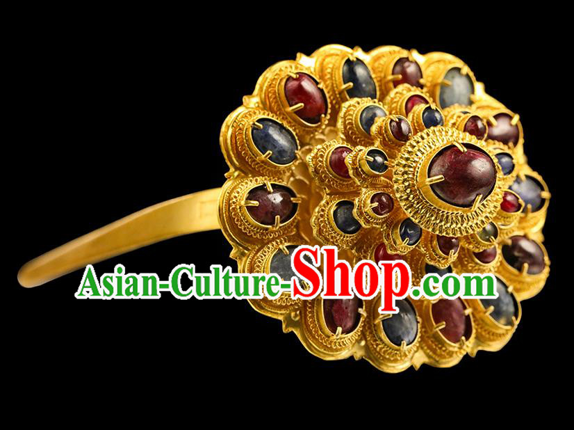 China Traditional Ming Dynasty Hair Crown Handmade Hair Accessories Ancient Empress Golden Gems Hairpin for Women