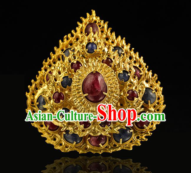 China Handmade Hair Accessories Ancient Empress Golden Gems Hairpin Traditional Ming Dynasty Flame Hair Crown for Women