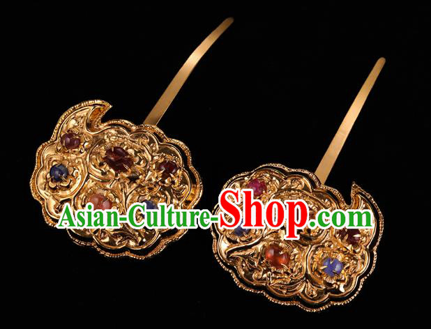 China Handmade Court Hair Accessories Ancient Empress Gems Hairpins Traditional Ming Dynasty Golden Hair Sticks