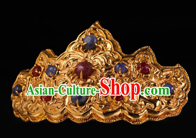 China Traditional Ming Dynasty Hair Crown Handmade Golden Hair Accessories Ancient Empress Gems Hairpin