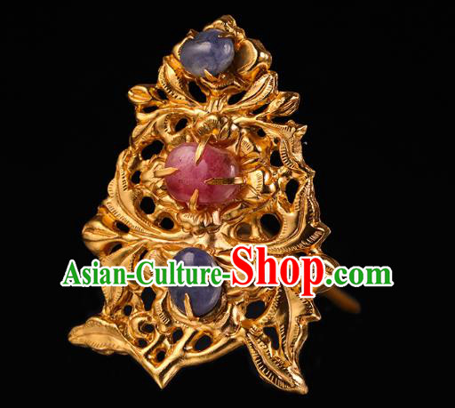 China Traditional Ming Dynasty Gems Hair Crown Handmade Hair Accessories Ancient Queen Golden Hairpin