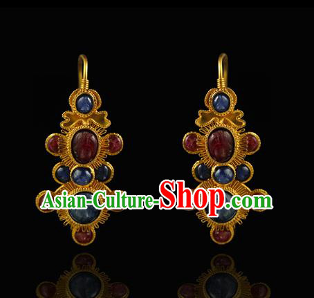 Handmade Chinese Traditional Ming Dynasty Golden Ear Accessories Ancient Court Woman Gems Earrings Jewelry