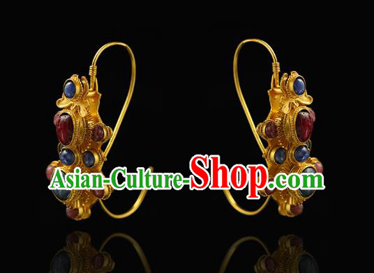 Handmade Chinese Traditional Ming Dynasty Golden Ear Accessories Ancient Court Woman Gems Earrings Jewelry
