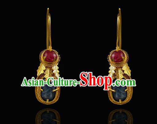 Handmade Chinese Traditional Ming Dynasty Lapis Ear Accessories Ancient Court Woman Golden Earrings Jewelry