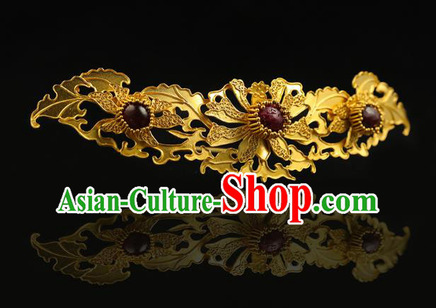 China Traditional Ming Dynasty Golden Lotus Hair Crown Handmade Hair Accessories Ancient Queen Filigree Hairpin
