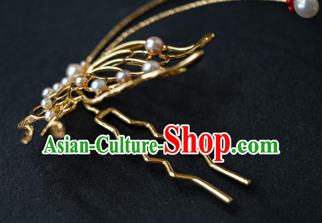 China Ming Dynasty Pearls Butterfly Hairpin Traditional Hanfu Hair Accessories Ancient Noble Lady Xue Baochai Hair Stick
