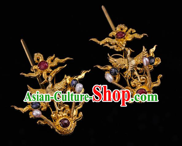 Handmade Chinese Ming Dynasty Court Ear Accessories Traditional Ancient Empress Golden Crane Earrings Gems Jewelry