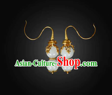Handmade Chinese Ming Dynasty Jade Gourd Ear Accessories Traditional Ancient Empress Golden Earrings Jewelry