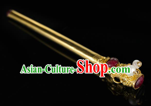 China Ancient Queen Hanfu Gems Hair Stick Handmade Hair Accessories Traditional Ming Dynasty Court Empress Golden Hairpin