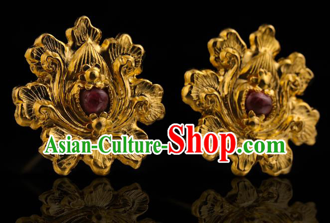 China Traditional Ming Dynasty Gems Hairpin Handmade Hair Accessories Ancient Queen Golden Lotus Hair Sticks