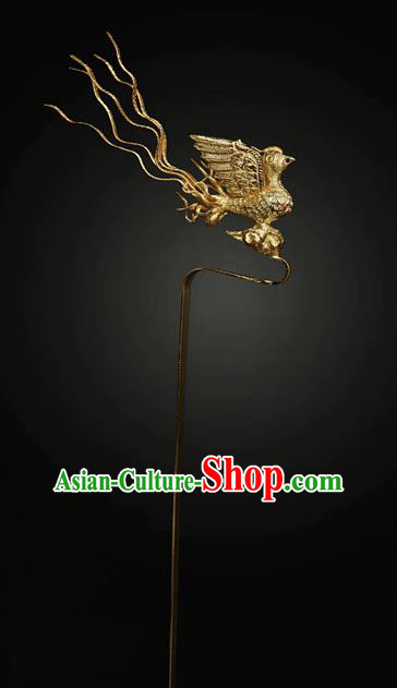 China Ancient Imperial Empress Hanfu Hairpin Handmade Hair Accessories Traditional Ming Dynasty Court Golden Phoenix Hair Stick