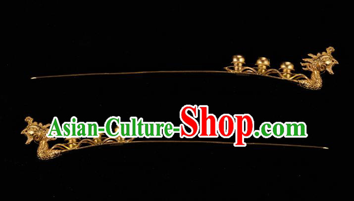 China Traditional Ming Dynasty Golden Phoenix Hairpin Handmade Hair Accessories Ancient Empress Gems Hair Stick