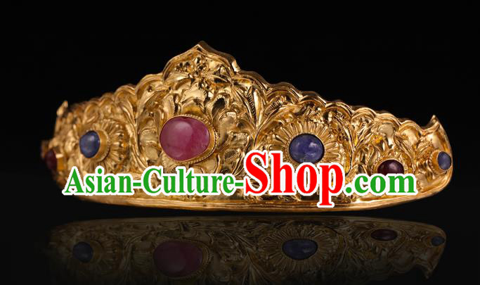 China Traditional Ming Dynasty Golden Hairpin Handmade Hair Accessories Ancient Empress Gems Lotus Hair Crown