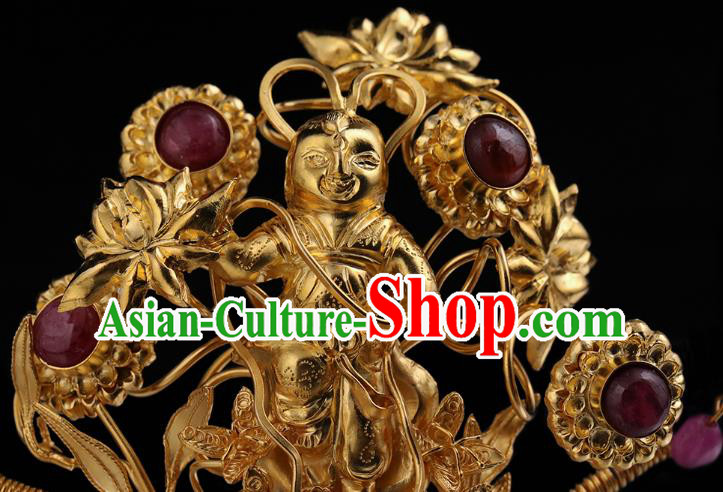 China Traditional Ming Dynasty Gilding Child Hairpin Handmade Hair Accessories Ancient Empress Hair Crown
