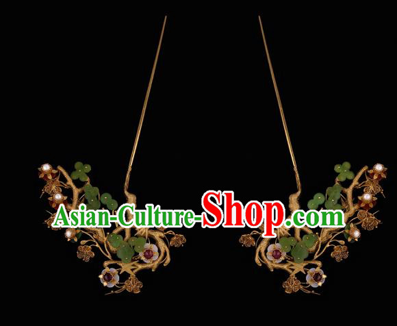 China Traditional Ming Dynasty Green Plum Hairpin Handmade Hair Accessories Ancient Empress Filigree Hair Stick