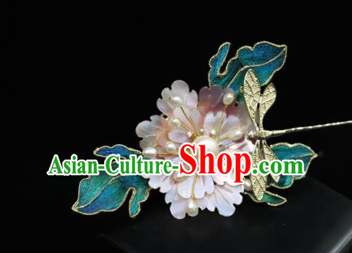 China Ancient Empress Pink Shell Peony Dragonfly Hairpin Handmade Hair Accessories Traditional Ming Dynasty Hair Stick