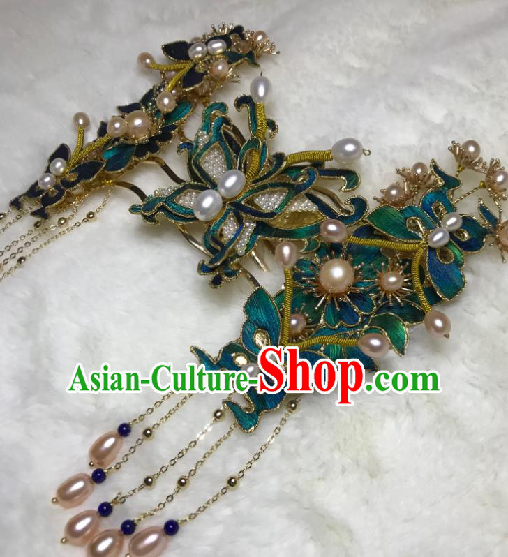China Ancient Empress Blue Butterfly Hairpin Handmade Hair Accessories Traditional Ming Dynasty Pearls Tassel Hair Combs