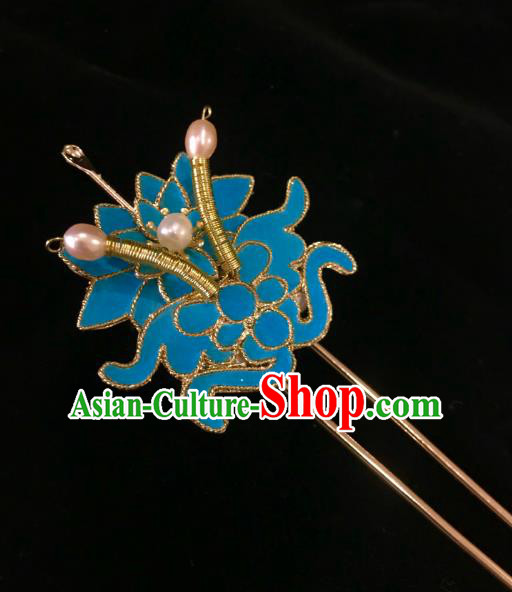 China Ancient Hanfu Pearls Hairpin Handmade Hair Accessories Traditional Ming Dynasty Blue Bat Hair Stick