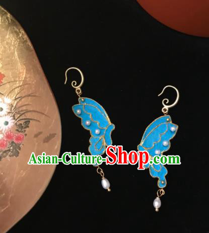 Handmade Chinese Qing Dynasty Court Ear Accessories Traditional Ancient Imperial Consort Blue Butterfly Earrings Jewelry