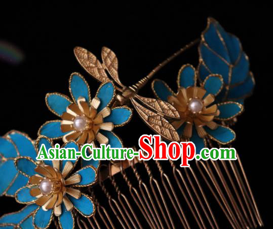 China Ancient Noble Woman Hairpin Handmade Hair Accessories Traditional Ming Dynasty Blue Dragonfly Lotus Hair Comb