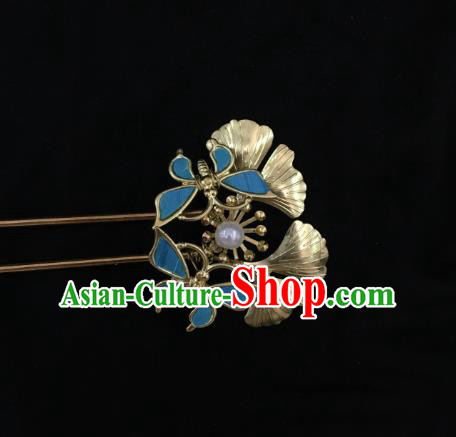 China Ancient Noble Lady Blue Butterfly Hairpin Handmade Hair Accessories Traditional Qing Dynasty Ginkgo Leaf Hair Stick