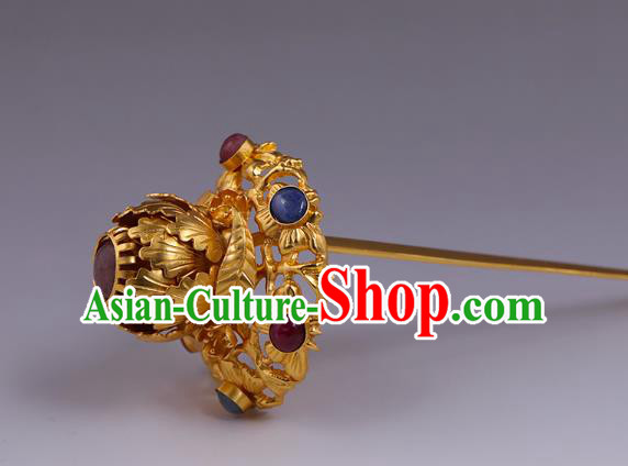 China Traditional Ming Dynasty Queen Gems Hairpin Handmade Hair Accessories Ancient Empress Gilding Peony Hair Stick