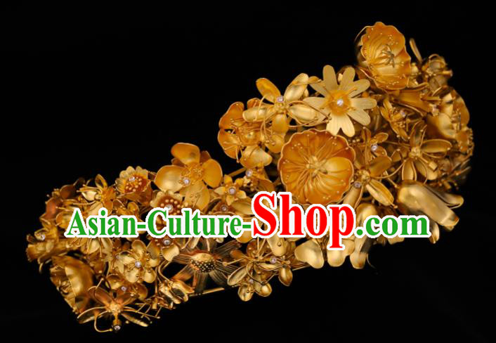 China Traditional Ming Dynasty Court Hairpin Handmade Hair Accessories Ancient Empress Wedding Golden Royal Crown