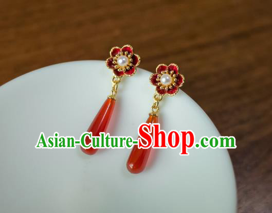 China Traditional Hanfu Agate Earrings Ancient Ming Dynasty Empress Enamel Ear Jewelry