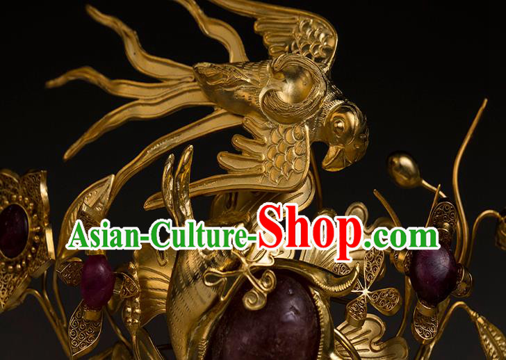 China Traditional Ming Dynasty Golden Flower Bird Hairpin Handmade Hair Accessories Ancient Queen Filigree Hair Crown