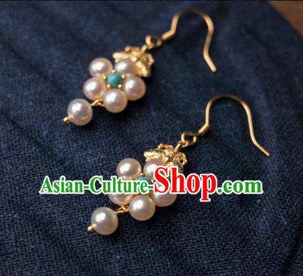 China Traditional Hanfu Pearls Earrings Ancient Ming Dynasty Empress Gilding Ear Jewelry