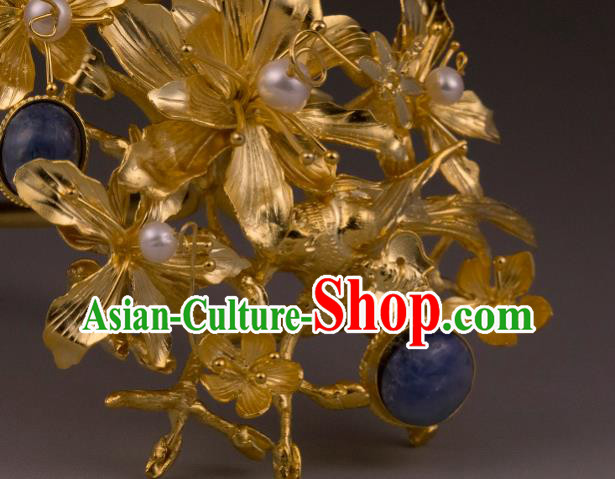 China Ancient Queen Lapis Hairpin Handmade Hair Accessories Traditional Ming Dynasty Court Golden Hair Crown
