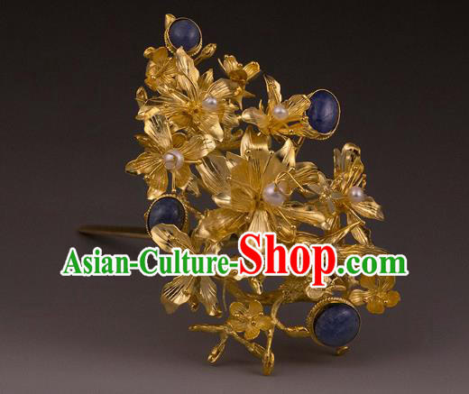 China Ancient Queen Lapis Hairpin Handmade Hair Accessories Traditional Ming Dynasty Court Golden Hair Crown