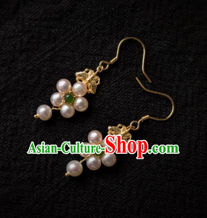 China Ancient Empress Pearls Ear Jewelry Traditional Ming Dynasty Hanfu Chrysoprase Earrings