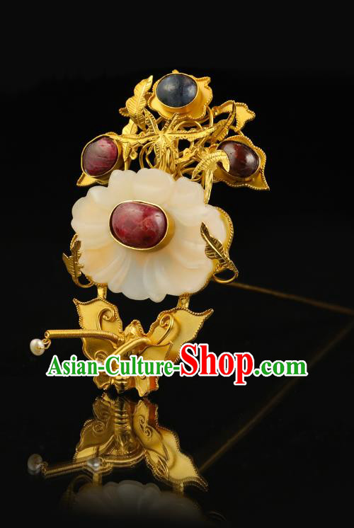 China Ancient Queen Jade Peony Hairpin Handmade Hair Accessories Traditional Ming Dynasty Court Golden Butterfly Hair Stick