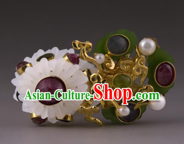 China Ancient Queen Gems Hairpin Handmade Hair Accessories Traditional Ming Dynasty Jade Flowers Hair Crown