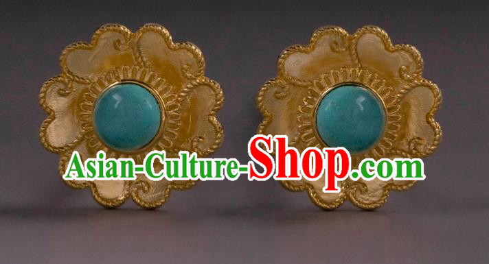 Handmade Chinese Traditional Ming Dynasty Kallaite Ear Accessories Ancient Court Lady Golden Earrings Jewelry