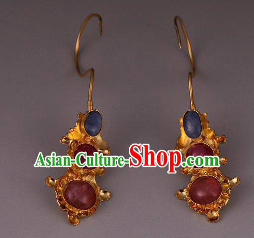 Handmade Chinese Ming Dynasty Court Ear Accessories Traditional Ancient Palace Lady Gems Earrings Jewelry